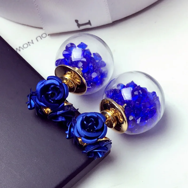 1Pair Fashion Cute Women Girls Elegant Exquisite Ear Stud Zircon Crystal Three Rose Flowers glass ball Double Sides Earrings