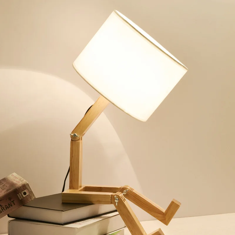  EU/US Plug Adjustable Desk Light Fabric Wooden Robot Shape Table Lamp Flexible Folding Reading Ligh