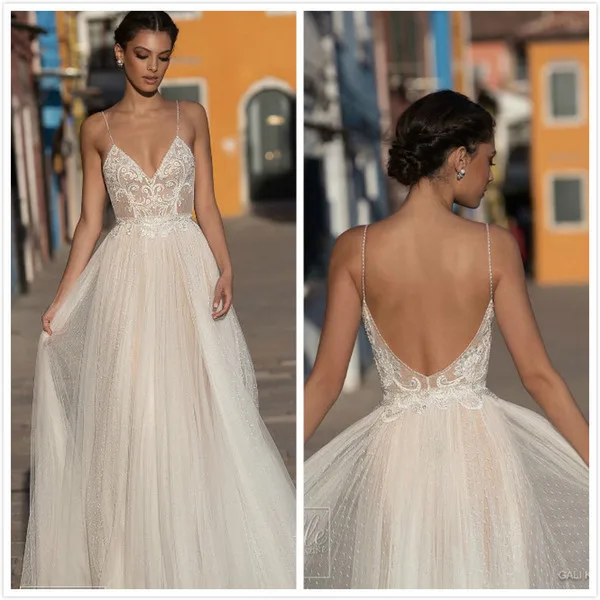

2019 Sexy Modest Illusion Backless Wedding Dresses Dot Lace Beach Bridal Gown vestido de noiva mariage gelinlik abiti da sposa