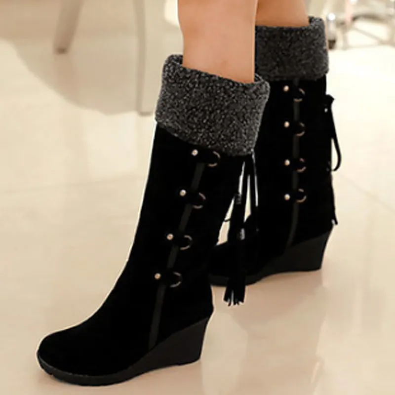 Зимние ботинки Большие размеры 4-10,5, модные ботинки до середины икры из флока с перекрестной шнуровкой короткие плюшевые женские ботинки, увеличивающие рост дизайнерские новинки - Цвет: Black