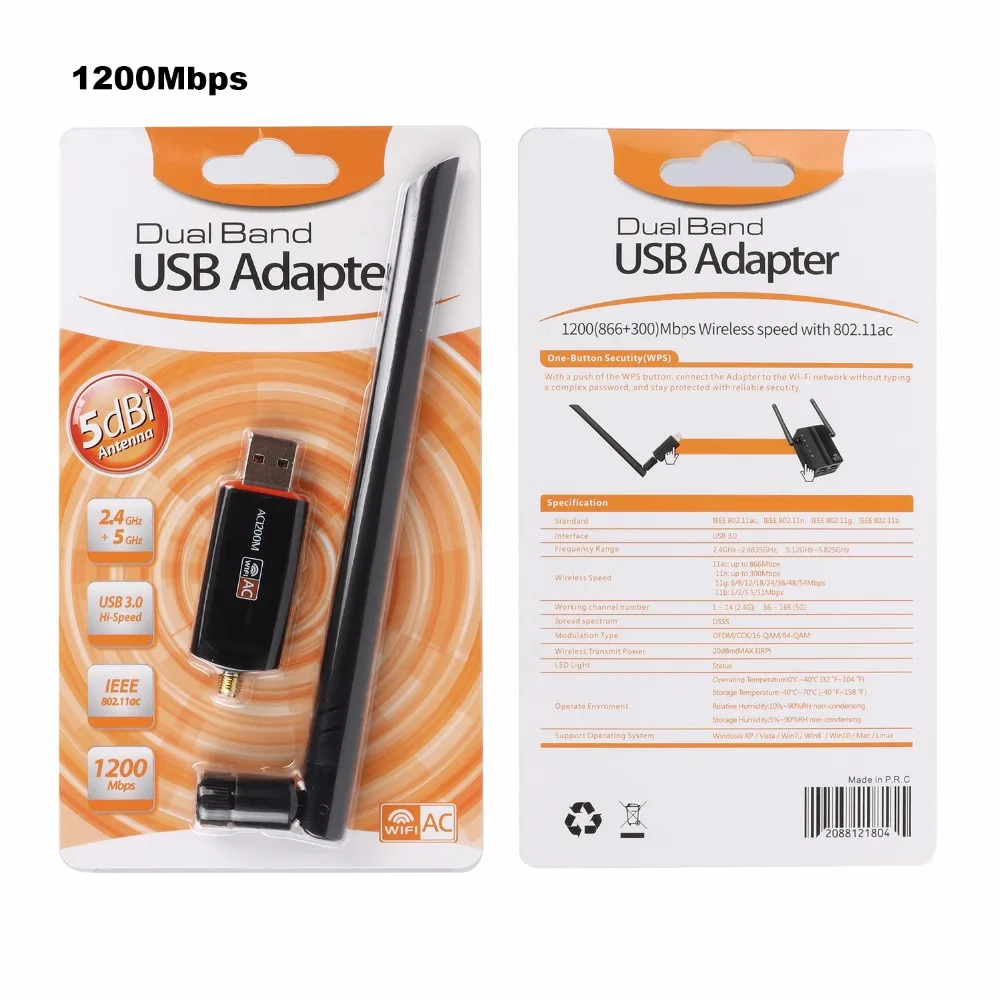 Беспроводной USB Wifi адаптер Бесплатная драйвер 1200 Мбит/с ЛВС USB Ethernet 2,4 г 5 г двухдиапазонный Wi-Fi сетевой карты Wi-Fi Dongle 802.11n/G/a/ac