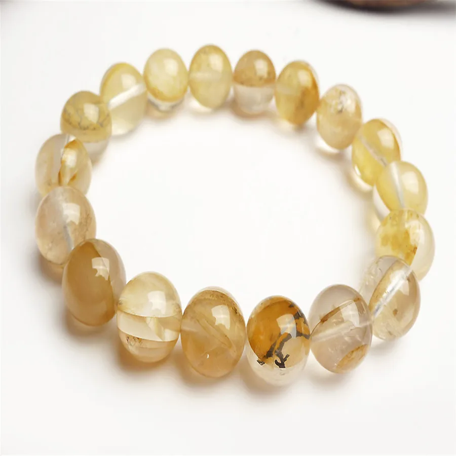 

11mm Genuine Natural Yellow Transparent Petrified Wood Tree Crystal Stretch Charm Round Bead Bracelets