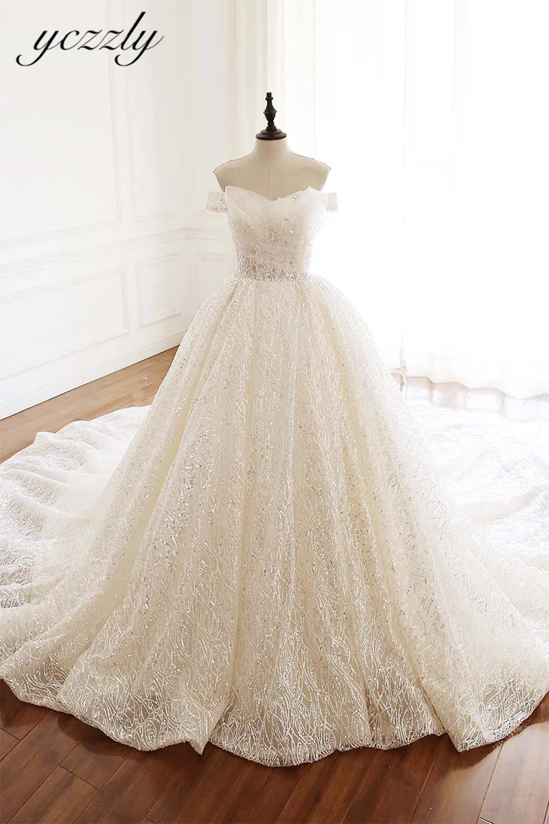 

Suknia Slubna Luxury Dubai Ball Gown Princess Sequined Wedding Dress 2019 Sparkly Off-shoulder Arabic Wedding Dresses Gelinlik