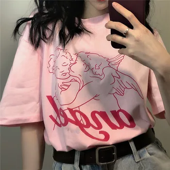 

Women 2019 Summer O Neck Loose Casual T Shirt Ins Fashion Sweet Angel Printed Tops Female O Neck Short Sleeve Pink Tee Shirts