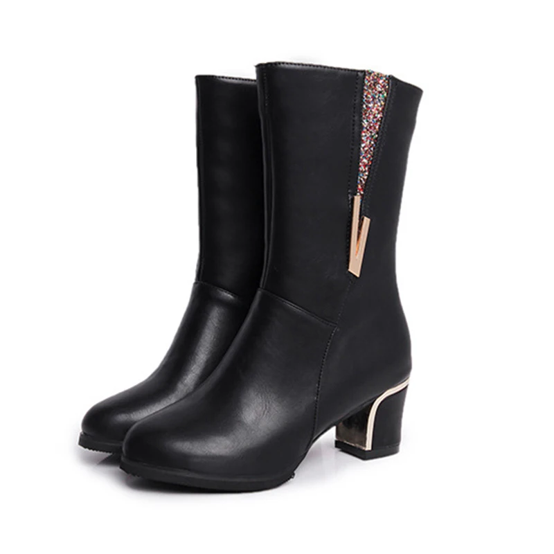 

2018 Autumn Winter Women Mid-Calf Leather Boot Solid Square High Heel Shoes Round Toe Female Warm Fashion Retro Short Boot