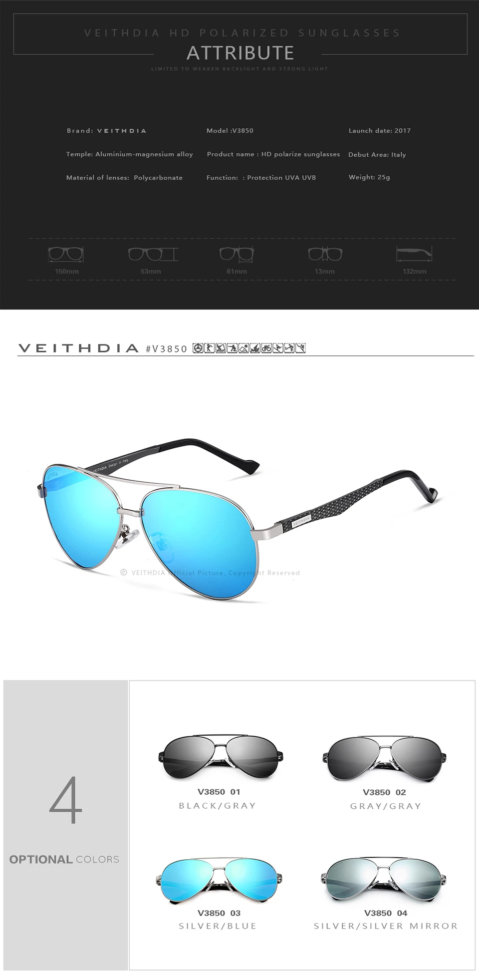 Солнцезащитные зеркальные очки унисекс VEITHDIA, модные алюминиевые очки с поляризационными стеклами для женщин и мужчин, модель 3850