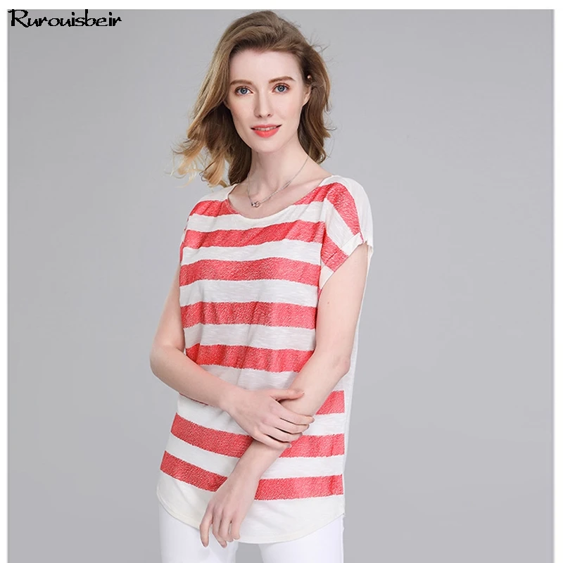 Casual O Neck Striped Top T Shirt Women Chic Embroidery Short Sleeve Tee Femme 2019 Summer Chiffon Plus Size | Женская одежда
