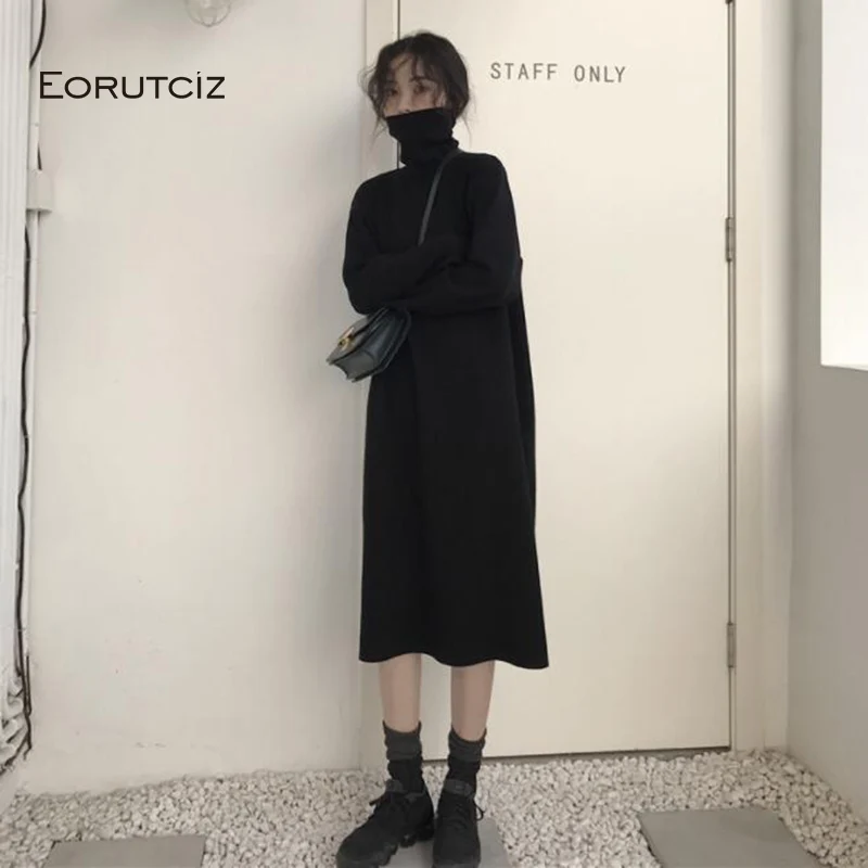 

EORUTCIZ Winter Turtleneck Sweater Dress Women Knitted Oversize Autumn Black Basic Dress Warm Long Sleeve Basic Sweater LM190