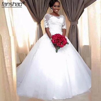 

Plus Size Muslim Wedding Dresses Vestido De Noiva 2019 Ball Gown Half Sleeves Tulle Lace Boho Dubai Arabic Wedding Gown Bridal