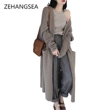 New 2018 cashmere female V-neck long loose knit cardigan solid color simple high quality sweater coat women's clothing-