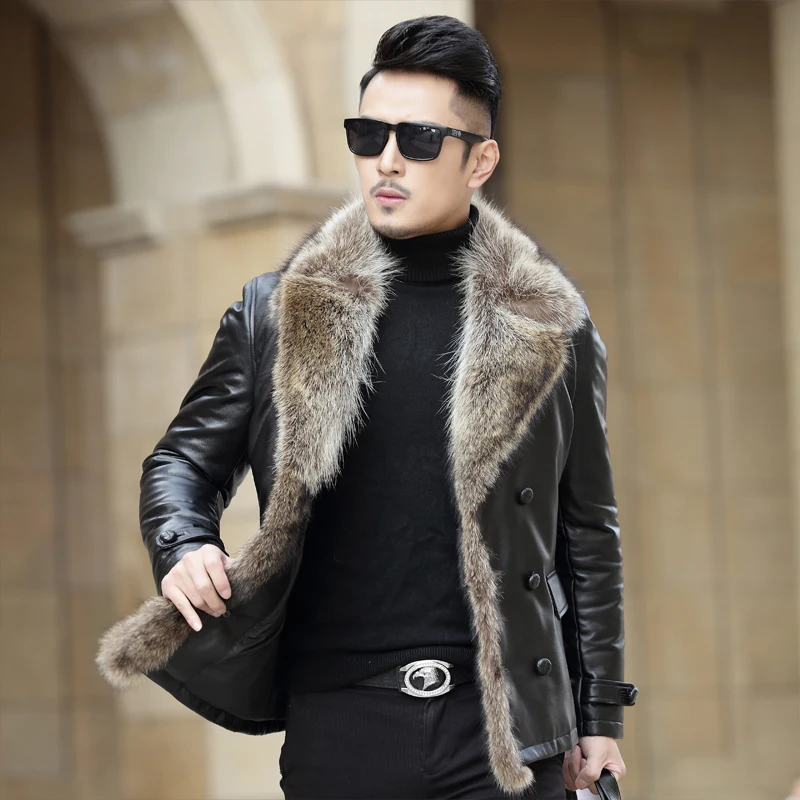 AYUNSUE, мужская кожаная куртка, короткая, зимняя, натуральная кожа, овчина, пальто для мужчин, натуральный мех енота, воротник F-598, KJ1434 - Цвет: Black