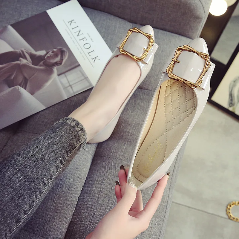 Shoes Woman Ballet Flats Shoes Patent Leather Buckle Loafers Pointed Toe Flat Shoes Shallow Comfortable Slides Big Size Shoes