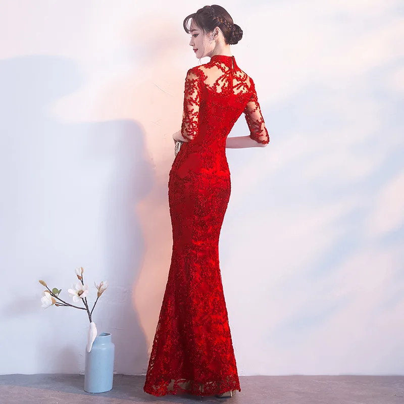 Красное китайское свадебное платье женское длинное платье с рукавом до локтя Cheongsam тонкое китайское традиционное платье женское платье Ципао для свадебной вечеринки