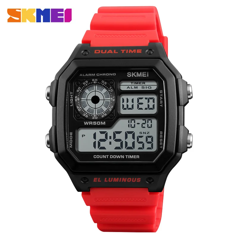 SKMEI люксовый бренд мужские спортивные часы модные Chrono обратного отсчета водонепроницаемые цифровые часы повседневные военные мужские часы наручные часы - Цвет: Красный