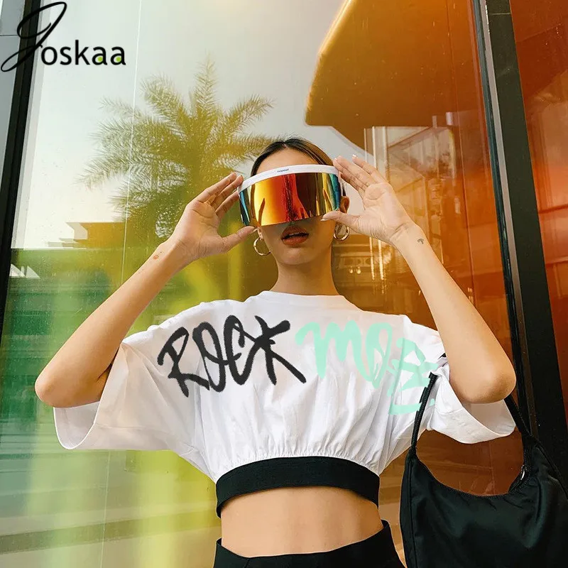 

Letter Printed Casual Punk Cropped Top Summer Women Patchwork Loose Tee Tshirt