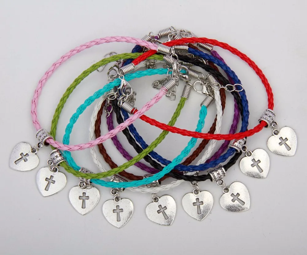 50pcs Vintage Silver Heart Shaped Cross Charms Pendant Mixed Color Braided Rope Bracelets