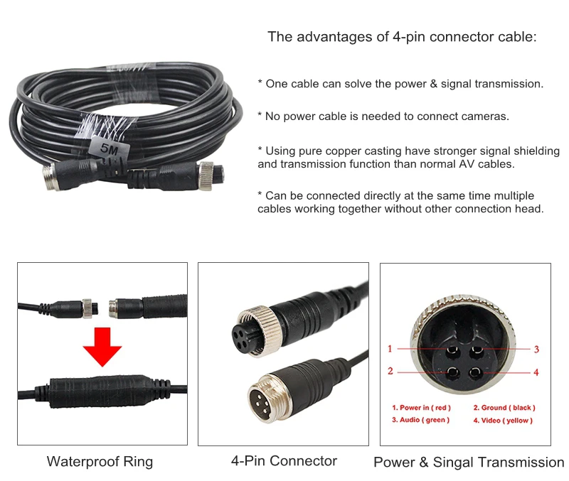 DIYKIT 5 м водонепроницаемый 4-контактный разъем удлинитель питания/видео/Сигнальный кабель для автобуса/грузовика/автомобиля Реверсивный