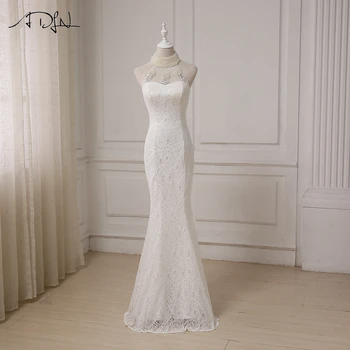 

ADLN Sexy Mermaid Lace Wedding Dress Halter Sleeveless Floor Length Pearls Beading Back Zipper Bride Dress