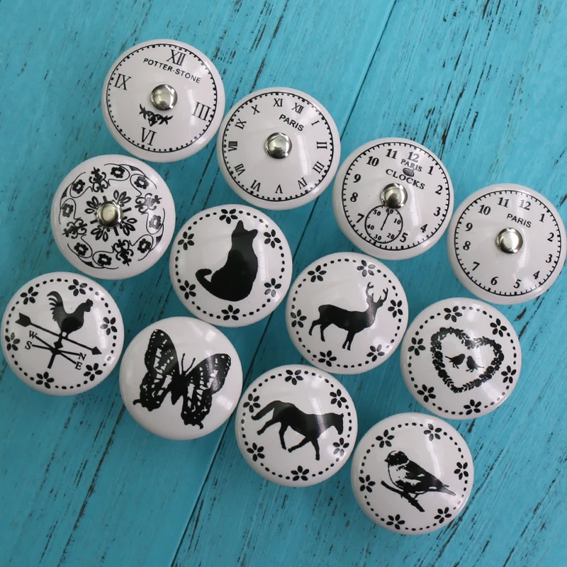 

1PCS Black & White Printed Decorative Round Ceramic Knob, Cabinet Hardware, Modern Wardrobe Furniture Door Handle Drawer pulls