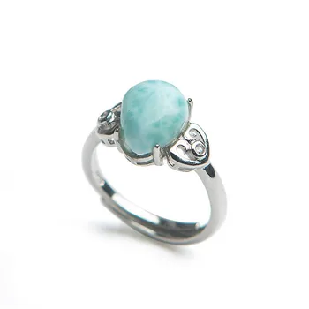 

Genuine Natural Larimar Crystal Round Stone Fashion Women Adjustable Size Stering Sliver Engagement Ring 10*8mm
