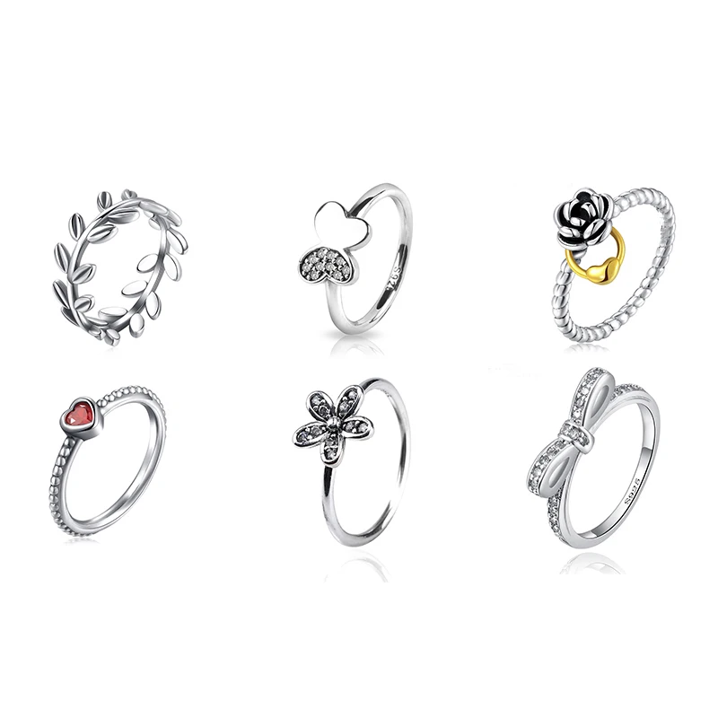 

Silver Charms Leaf Ring Red Heart Gold Color Locak Heart With Crystal Flower Finger Ring For Women Party Jewelry Gift