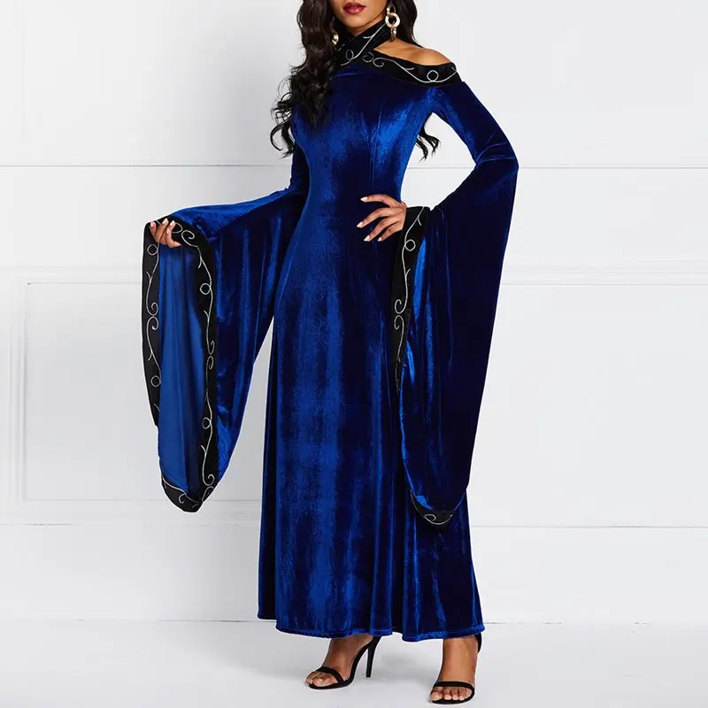 

Winter Elegant Evening Sexy Women Party Long Dress Plus Size Robe Vintage Velvet Flare Sleeve Embroidery Retro Blue Maxi Dresses
