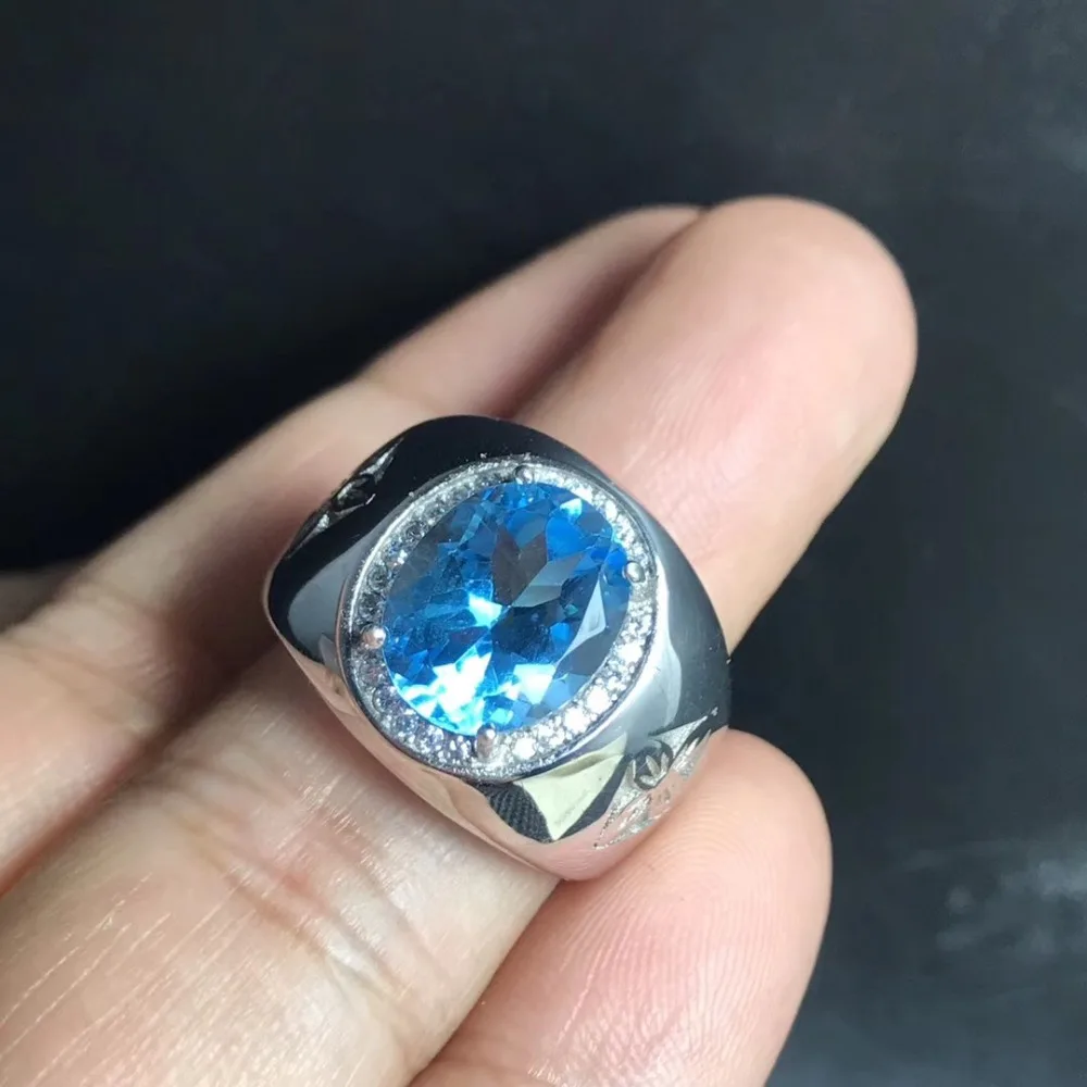 

925 Sterling Silver Blue Topaz Engagement Ring Oval Natural Stone 8 x 10 mm Adjustable Size for Men
