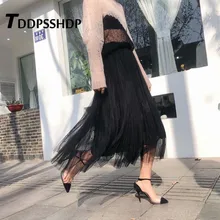 Бисер 2 Слои черного и серого цветов женские Цвет Для женщин юбка с эластичной резинкой на талии со складками милые весенние женские юбки