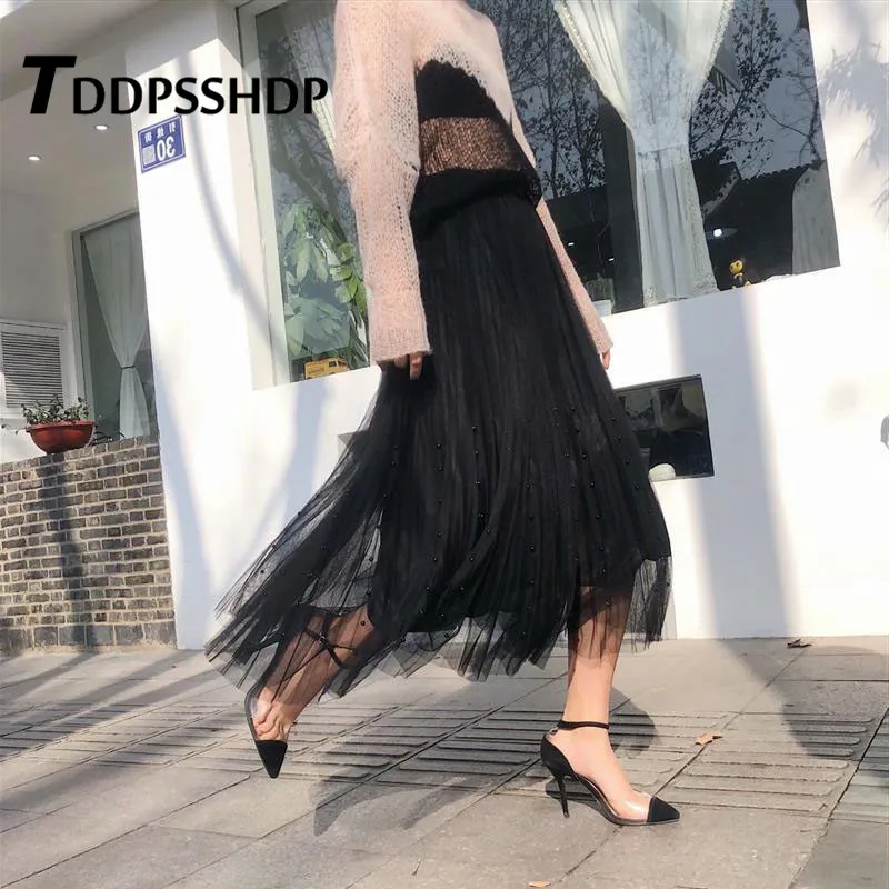 

Beading 2 Layer Black and Grey Color Women Skirt Elastic Waist Pleated 2019 Sweet Spring Female Skirts