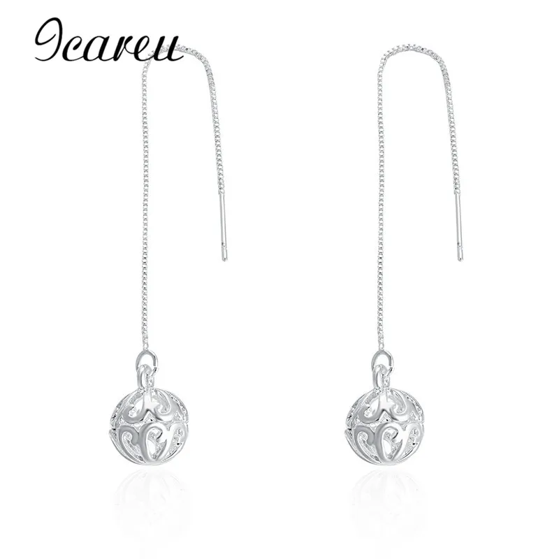Icareu Pendientes Fashion Long Chain Silver Plated Hollow Ball