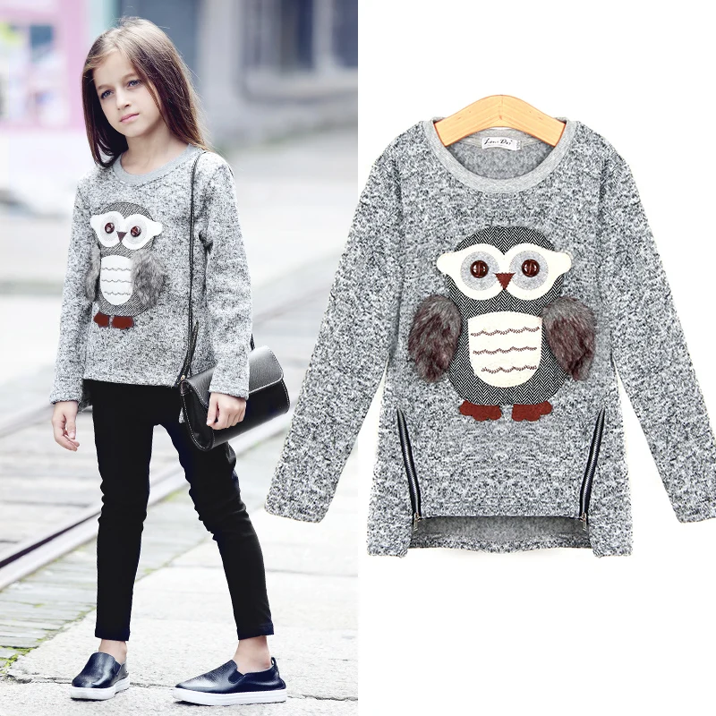 

5~13Y Autumn European Style Teenage Girls Sweaters Kids Knitted Sweater Cute Owl Emboidery Casual Zipper Girl Pull Fille Sueter
