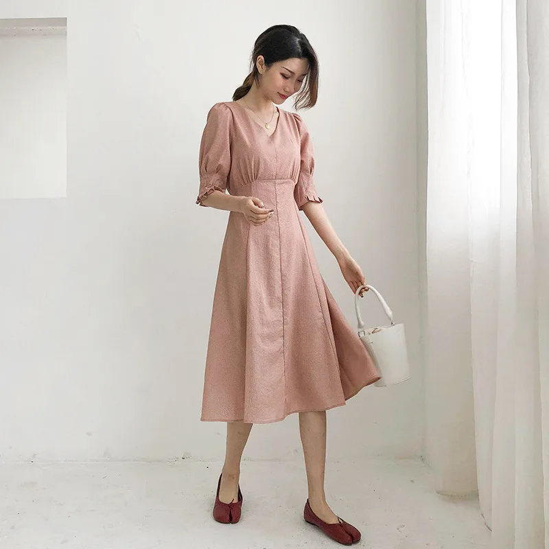 

2019 Summer New Arrival Women Fashion Solid Color A-Line Basic Cotton High Elastic Waist Half Sleeve Casual Ulzzang Chic Dress