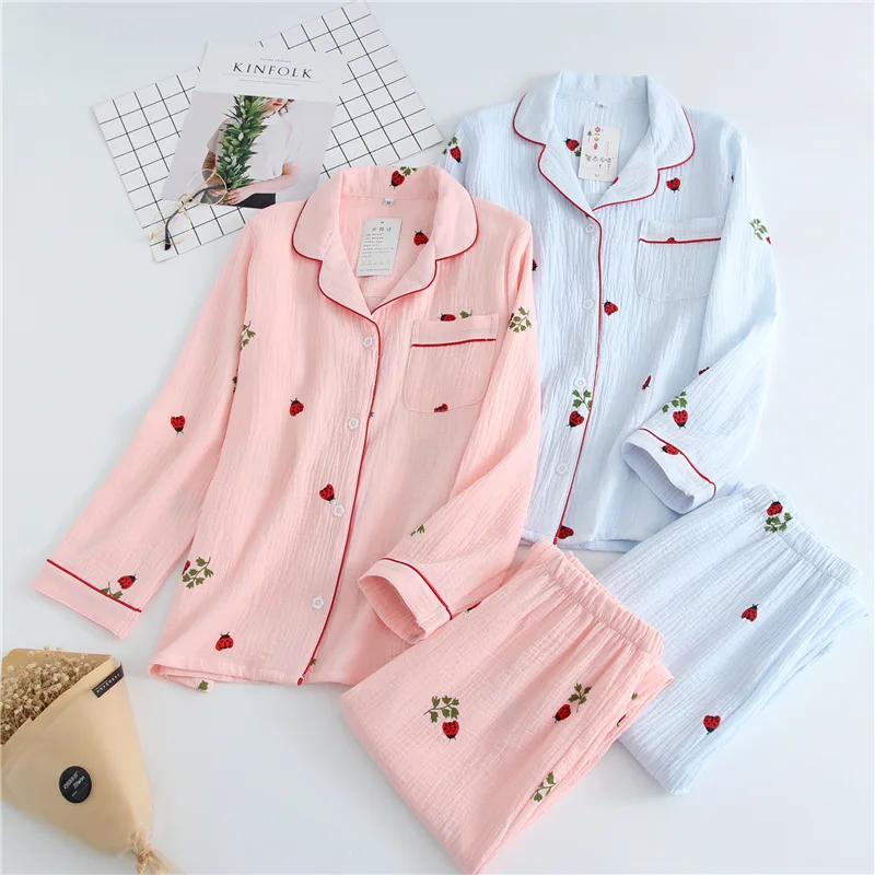Cartoon Ladybug Pajama Set Women's 100% Cotton Yarn Sleepwear Suit Wrinkle Long Sleeve Pants Pijama Mujer Loose Home Clothes