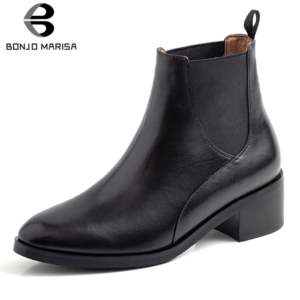

BONJOMARISA 2020 Size 33-40 Genuine Cow Leather Ankle Boots Woman Shoes Chunky Heels Add Fur Shoes Woman Boots Footwear