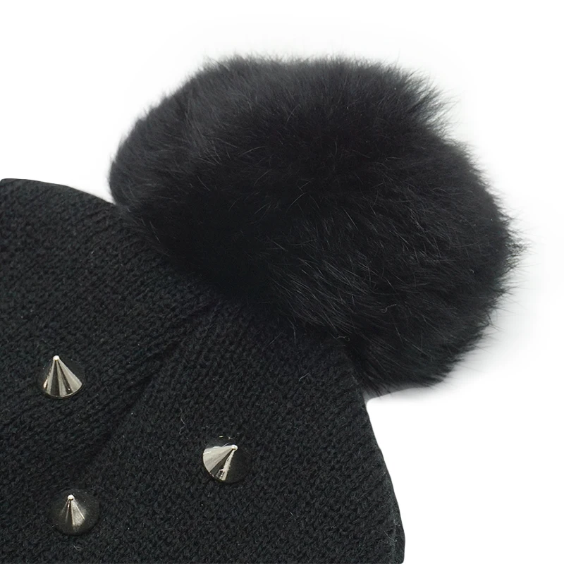 Женские зимние шапочки с заклепками и помпонами в стиле хип-хоп, в стиле панк, с помпонами, вязаная шапка, теплая шапка, уличные шипы, Зимняя шерстяная шапка Skullies, женская шапка