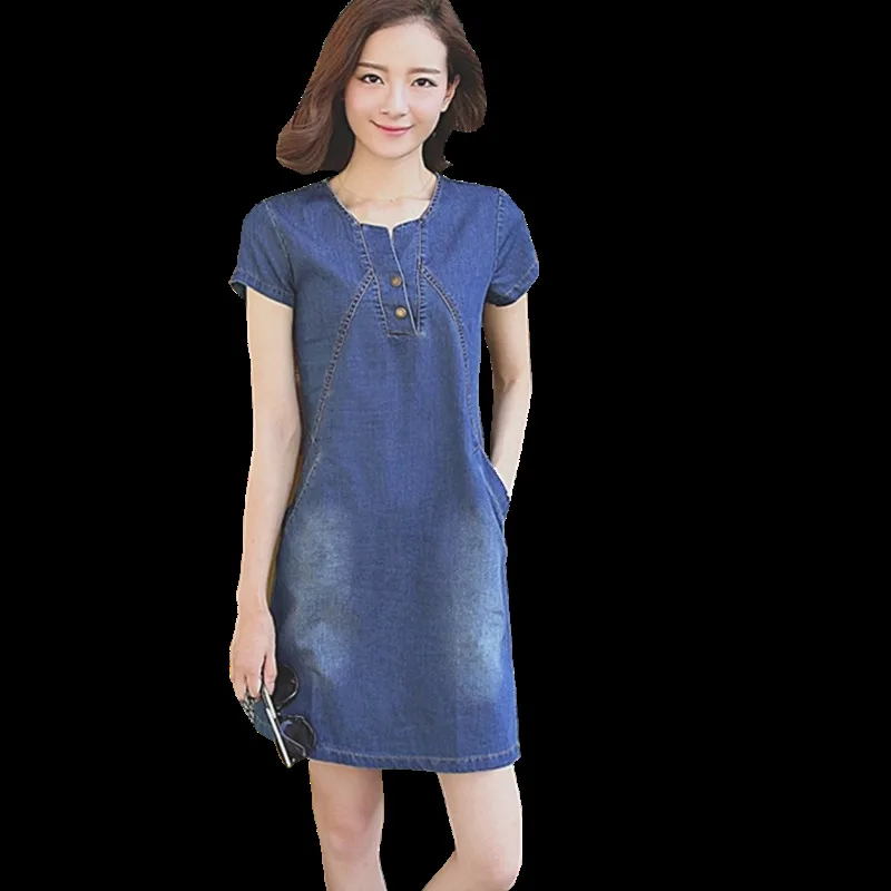 Hot Sale 2019 Summer Denim Dress Women Casual O-neck Short Sleeve Pockets Jeans Dresses Loose Dress Vestidos Plus Size 3XL