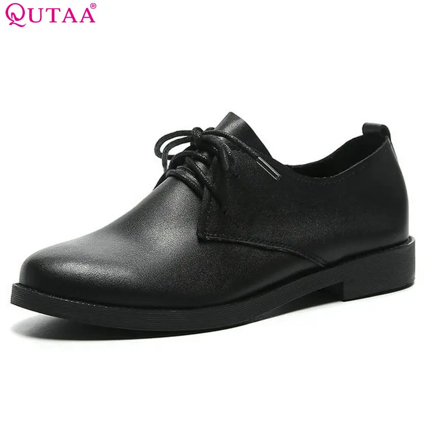 

QUTAA 2018 Women Pumps Lace Up Square Low Heel Round Toe Women Shoes Solid Genuine Leather + Pu Platform Ladies Pumps Szie 34-39