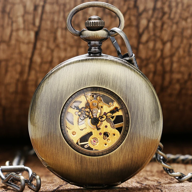 

2016 Bronze Analog Men Watch Mechanical Pocket Watch With Necklace Chain Steampunk Hand Wind Pocket Watch