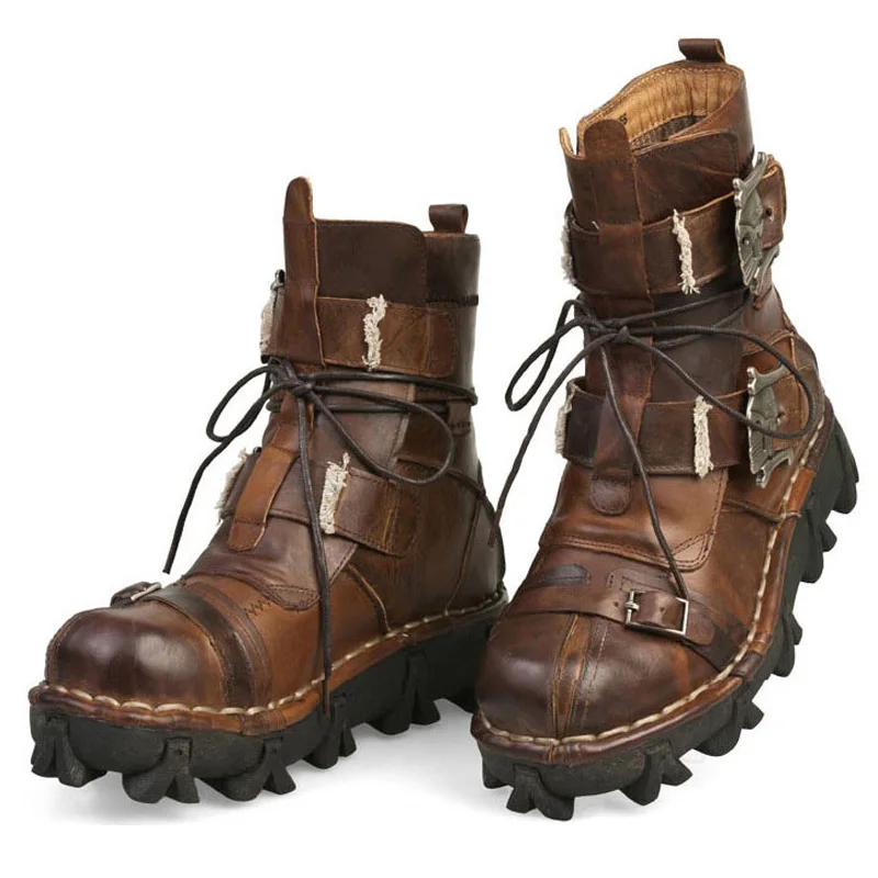 

Men's Cowhide Genuine Leather Work Boots Military Combat Boots Gothic Skull Punk Motorcycle Martin Boots Masculina Botas Hombre