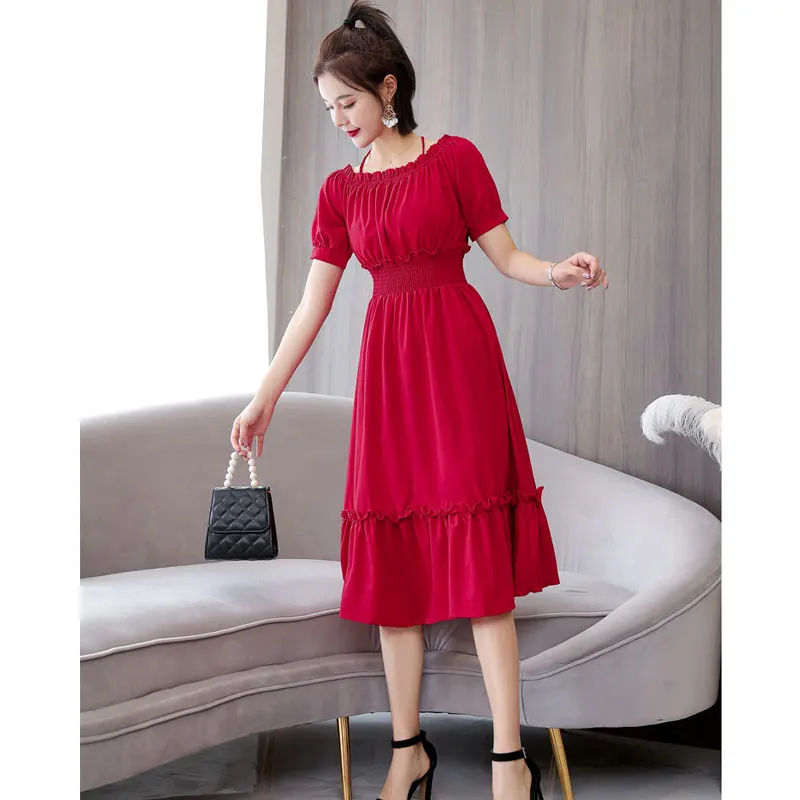 

Large size women's summer dress Korea wild long paragraph word collar neck dress solid color short sleeved waist ruffle dress