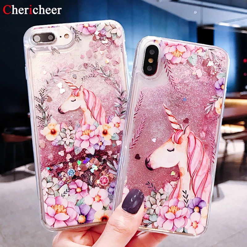 For iPhone 7 Case Silicone Crystal Quicksand Case For iPhone XS Max X XR Unicorn Liquid Case For iPhone 6 S 6S 7 8 Plus 5 5S SE
