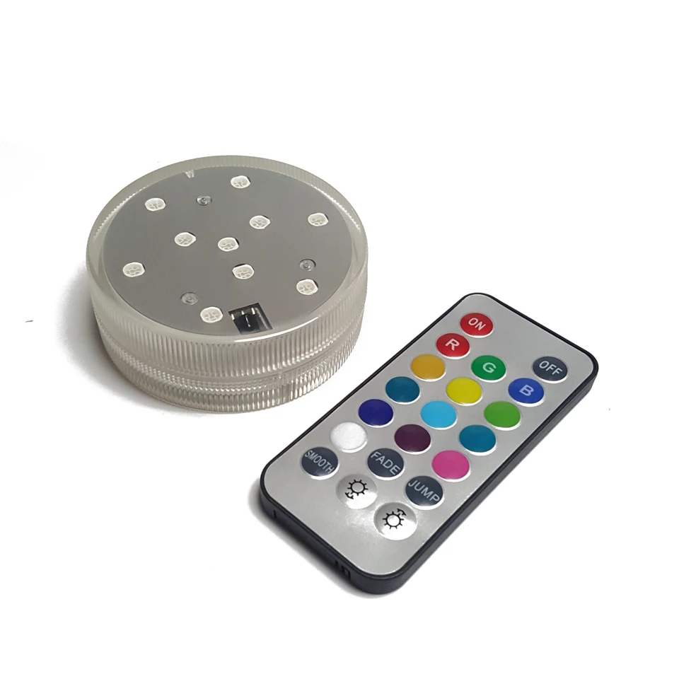

1pcs RGB Submersible LED Light 10LEDs Underwater 3 AAA Battery 20KEY Remote Control Widding Table Decoration Lights Waterproof
