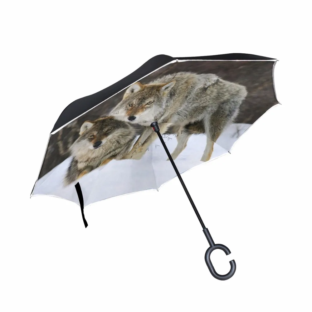 Windproof Reverse Umbrella Wolf Standing In Snow C Hook Double Layer