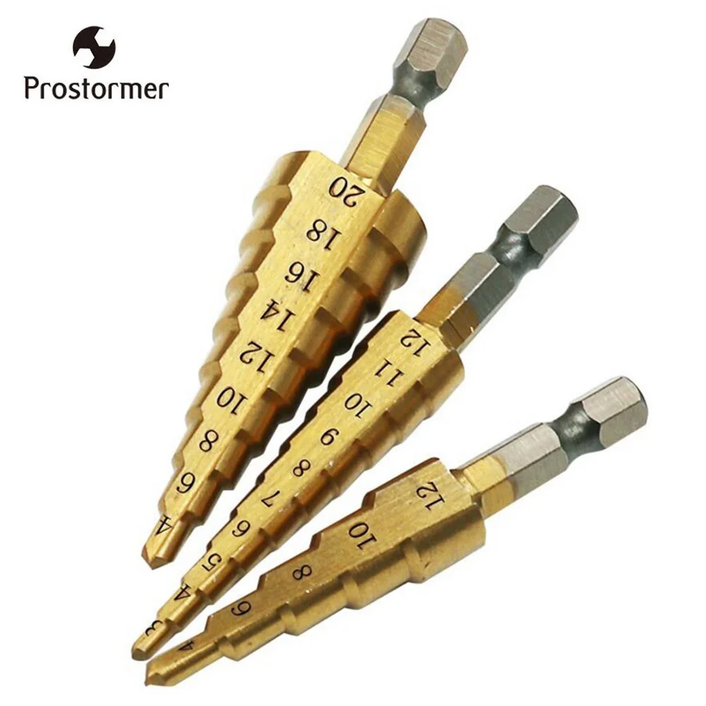

Prostormer Step Drill Bit Set 3Pcs/lot High Speed Core Drill Bit Metalworking Stepped Drills Hole Cutter 4-12mm 4-20mm 3-12mm
