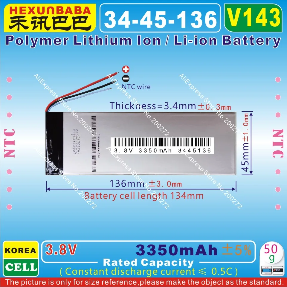 

[V143] 3.8V,3.7V 3350mAh [3445136] NTC;Polymer lithium ion / Li-ion battery for tablet pc,e-book,speaker;POWER BANK,GPS