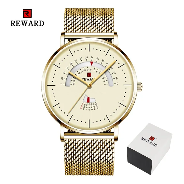 Награда уникальные креативные часы для мужчин стальной сетчатый ремешок кварцевые часы для мужчин s часы водонепроницаемый Дата повседневные мужские наручные часы Reloj Hombre - Цвет: Golden in Box