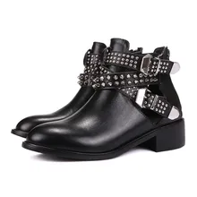 Belt Buckle Ankle boots Short Genuine Leather Boots Low-heeled Genuine Leather Woman Shoe Black Fashion Belt Buckle Ankle Boots