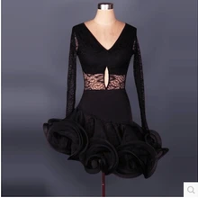 Костюм для латинских танцев, сексуальный кружевной топ с длинными рукавами+ черная гофрированная юбка, 2 предмета в комплекте, костюм для женщин, костюмы для латинских соревнований с инкрустацией стразами