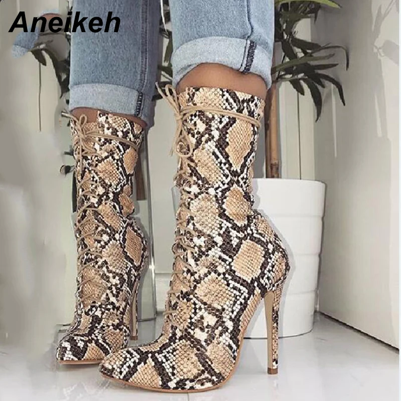 

Aneikeh Chelsea Boots Spring New Women Snake Skin Pointed Toe Mid-calf Zipper Side Stiletto Heel Sexy Short Boots Lady Bootie