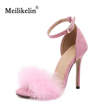 

2019 women summer shoes fluffy peep toe stilettos high heels shoe woman fur feather lady wedding sandals pink nude large size 43